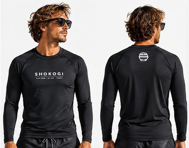 The Shokogi lycra in black, on a model, front and back (AI illustration)