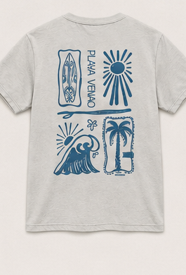Ash grey SHOKOGI t-shirt, back flat lay with Playa Venao surf print