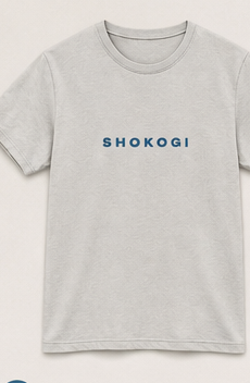 Ash grey SHOKOGI t-shirt, front flat lay with SHOKOGI chest logo