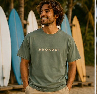Man wearing an Equilibrium Green SHOKOGI t-shirt at Playa Venao beach