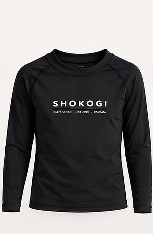 The Shokogi kids' lycra in black, front (AI illustration)