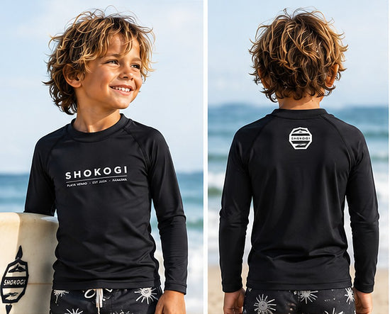 The Shokogi kids' lycra in black, on a child, front and back (AI illustration)