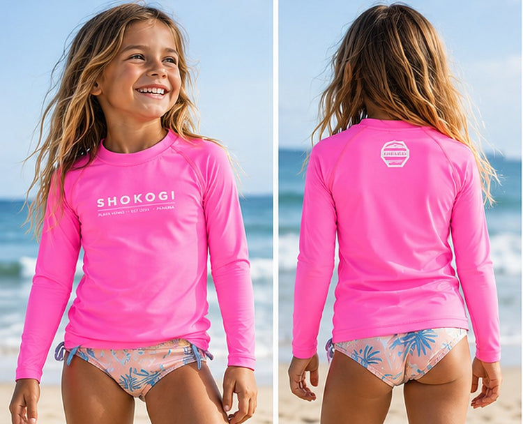 The Shokogi kids' lycra in pink, on a child, front and back (AI illustration)