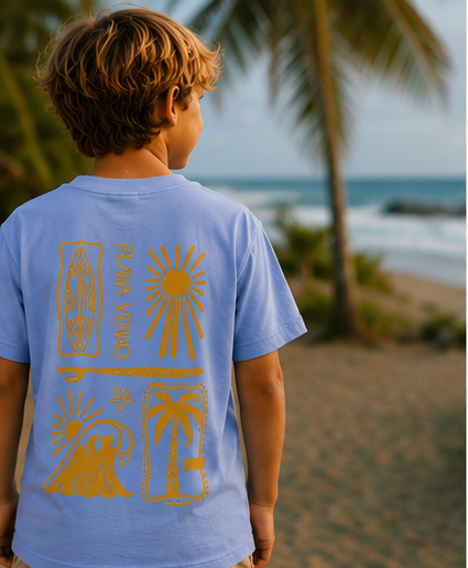 Back of the Carolina Blue SHOKOGI kids t-shirt with Playa Venao surf print