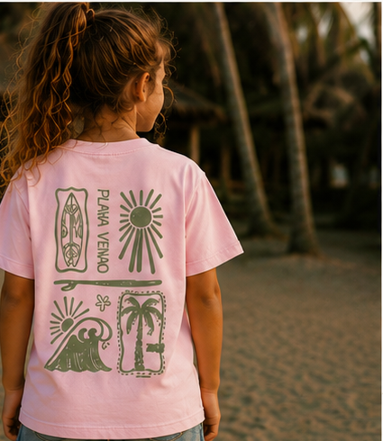 Back of the Light Pink SHOKOGI kids t-shirt with Playa Venao surf print