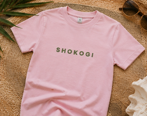 Light Pink SHOKOGI kids t-shirt, front flat lay with SHOKOGI chest logo