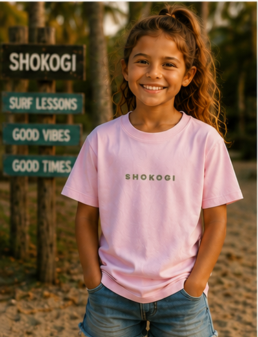 Girl wearing a Light Pink SHOKOGI kids t-shirt with SHOKOGI chest logo at Playa Venao beach