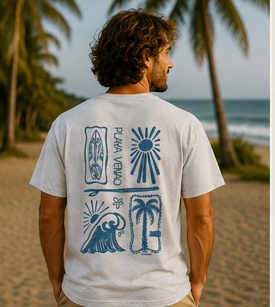 Back of the ash grey SHOKOGI t-shirt showing the Playa Venao surf print