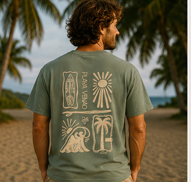 Back of the Equilibrium Green SHOKOGI t-shirt with Playa Venao surf print