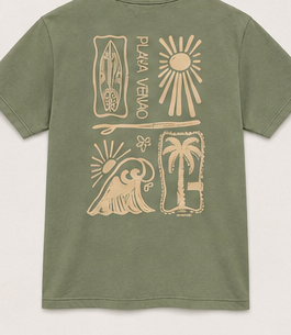 Equilibrium Green SHOKOGI t-shirt, back flat lay with Playa Venao surf print