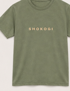 Equilibrium Green SHOKOGI t-shirt, front flat lay with SHOKOGI chest logo